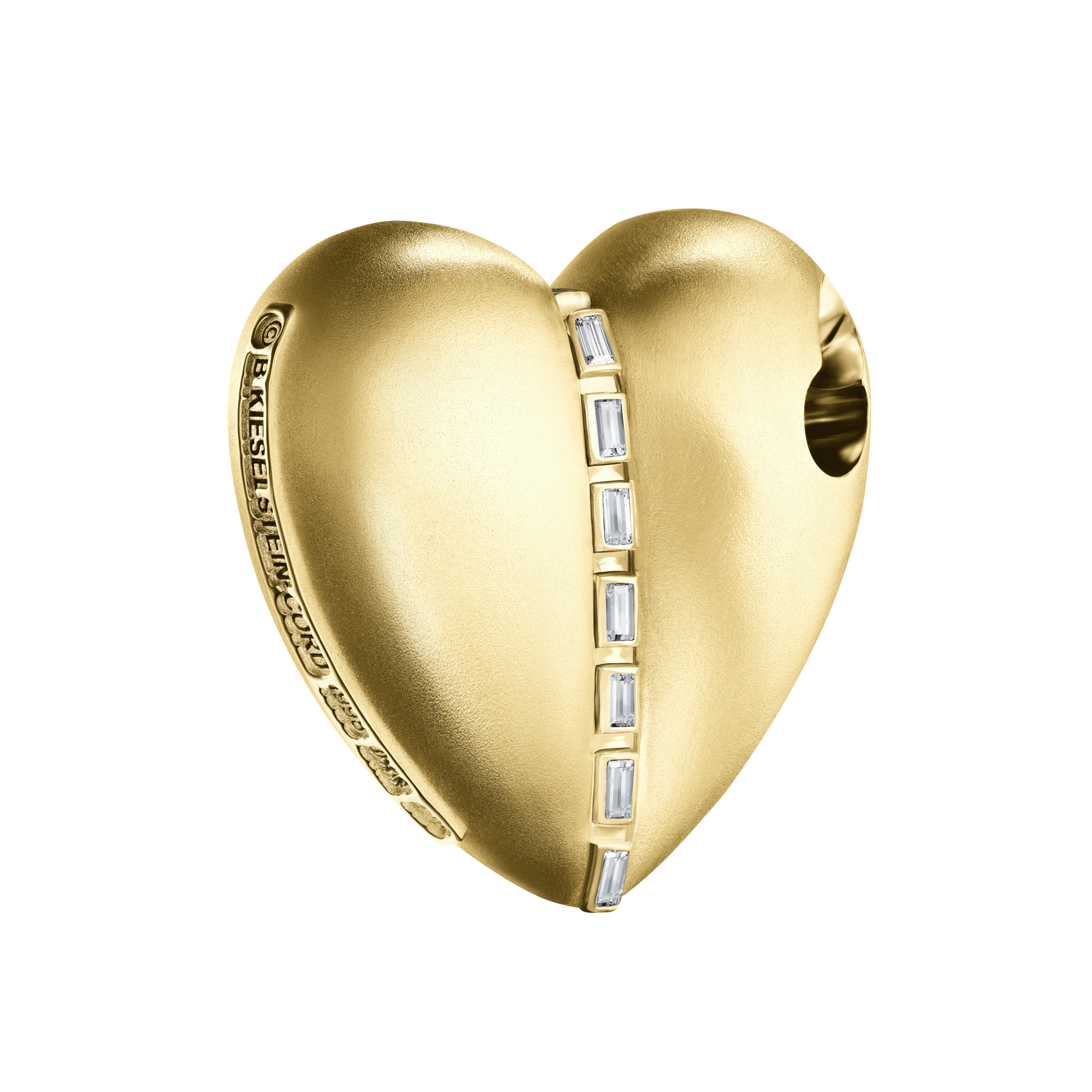 A detail of Bullet Hole Heart Pendant with Baguettes XL in Yellow Gold